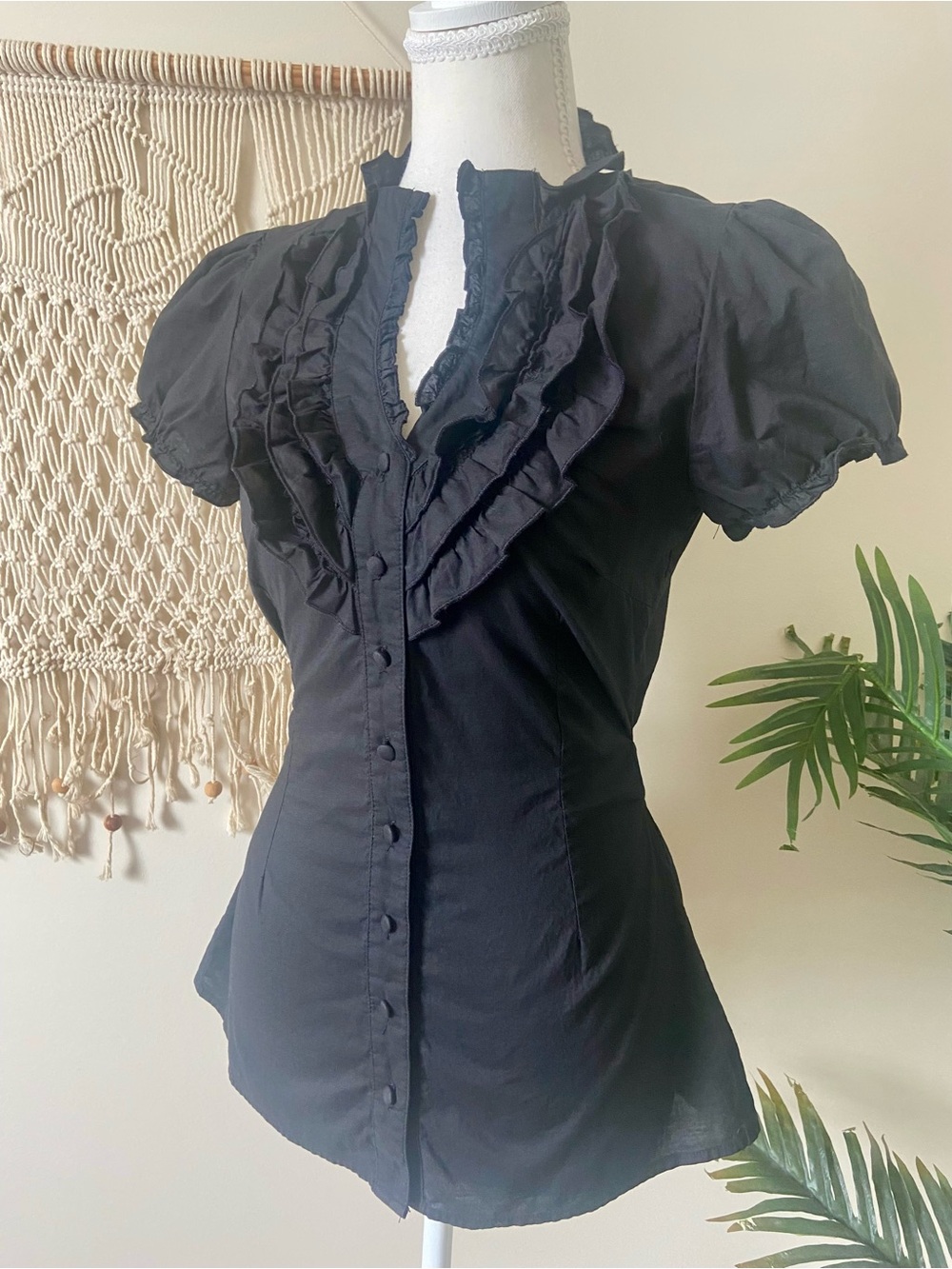 Vintage Krafty Black Victorian Ruffle Cotton Blouse Goth Steampunk Size L